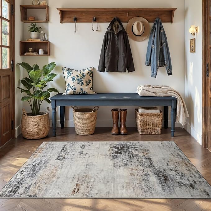 Toneed 3x5 Washable Non Slip Area Rugs for Bedroom Living Room, Grey/Brown | Abstract Soft Modern Low Pile Rug for Kitchen Hallway Office,Indoor Carpet for Kids Nursery Home Decor