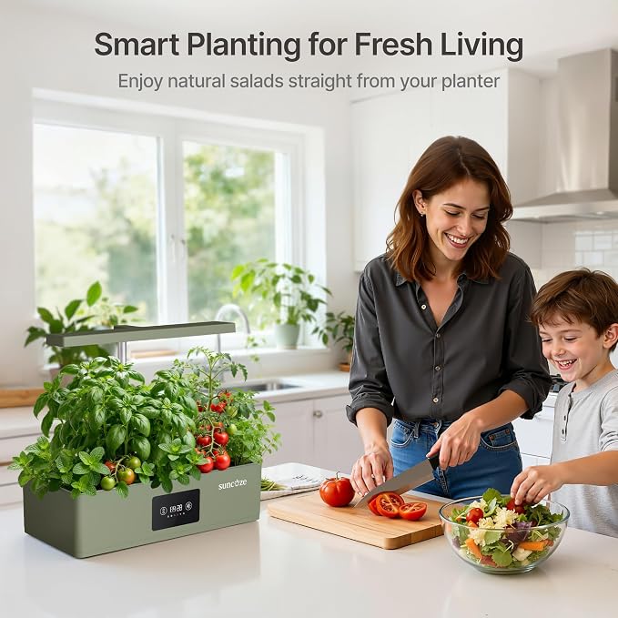 SUNCOZE Hydroponics Growing System Kit with 24W Dimmable LED Light, Green | 12 Pods Indoor Herb Garden with Timer & Local Time Setting, Adjustable Height, Smart Countertop Garden for Home & Kitchen