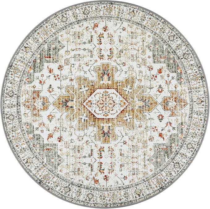 Moynesa Washable Round Rug 4ft, Vintage Medallion Area Rug Distressed Neutral Circle Rug, Soft Non Slip Low Pile Carpet for Living Room Bedroom Dining Room Nursery, Beige/Gold