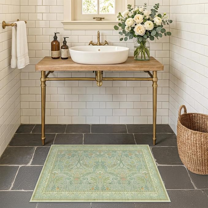 Boho Sage Green Bathroom Rugs, 2x3 Soft Washable Non Slip Small Area Rug for Entryway, Kitchen, Bedroom, Powder Room, Low Pile Floral Decorative Door Mats Vintage Farmhouse Throw Rug