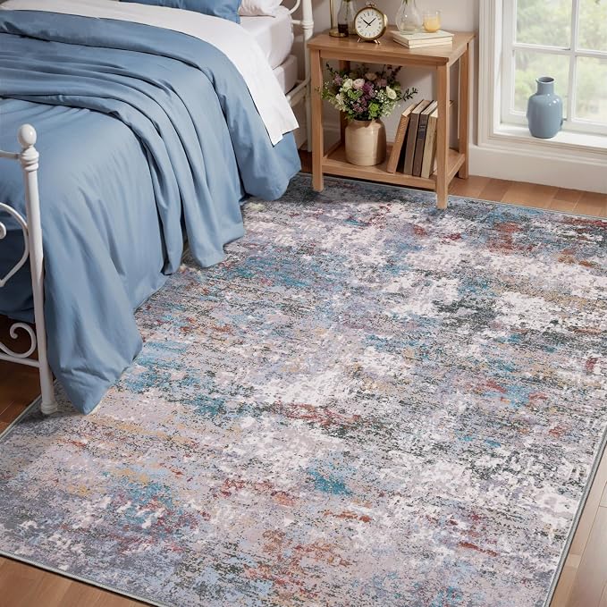 Tangsoo Abstract 4x6 Washable Rug, Modern Non Slip Rugs for Living Room | Contemporary Indoor 4x6 Carpet,Soft Low Pile Foldable Floor Rug for Dining Room Bedroom Dorm Bedside Bathroom Blue Grey Decor