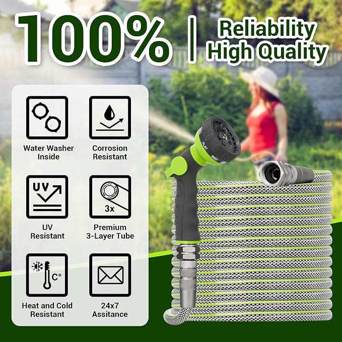 50 FT Non-Expandable Garden Hose – Heavy Duty Flexible Water Hose for Home & Yard Use, 1/2" ID, 3/4" Solid Swivel Fittings, Kink & Leak Resistant