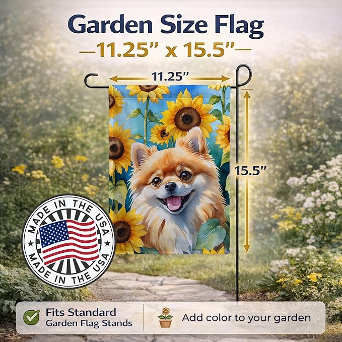 Caroline's Treasures DAC6136GF Pomeranian in Sunflowers Garden Flag Mailbox Flag Decorative Yard Flag Banner Outside Patio Artwork Yard Flower Beds, Garden Size, Multicolor