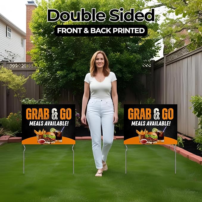 Grab-and-Go Meals Available! Yard Sign by DC | 24"x18" Double Sided Conv. Store Garden Sign with 13” Metal Stakes | Outdoor Signs Waterproof for Lawn, Patio, Sidewalk & House | Set of 2 | Made in USA