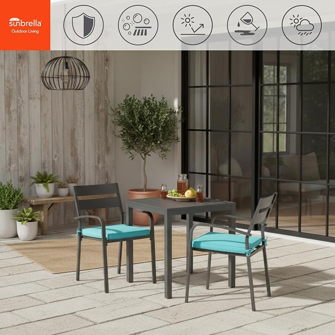 Indoor/Outdoor Chair Pads in Sunbrella Fabric – 17''x17'' Patio Seat Cushions with Foam Insert, Removable Reversible Cover & Ties for Patio Dining Chairs – Set of 2 or 4, Canvas Aruba