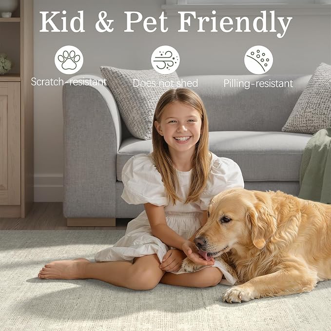 DCX Washable 6x9 Beige Rug, Stain Resistant Rubber Back Non Slip Rug | Kid & Pet Friendly Neutral Floral Rug for Living Room, Bedroom, Home Office, Soft Low Pile Large Nursery Carpet