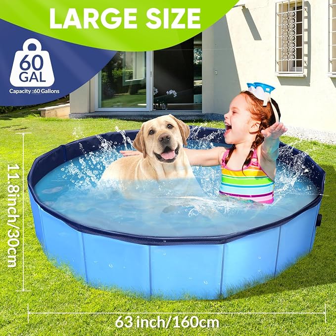 Dog Pool, Foldable Pet Swimming Pool with 6mm High-Strength PP Board, Hard Plastic Collapsible Doggy Pools for Small Dogs Kitty Duck, Non-Slip Doggie Bathtub Quick to Set Up and Drainage Hole, 63"