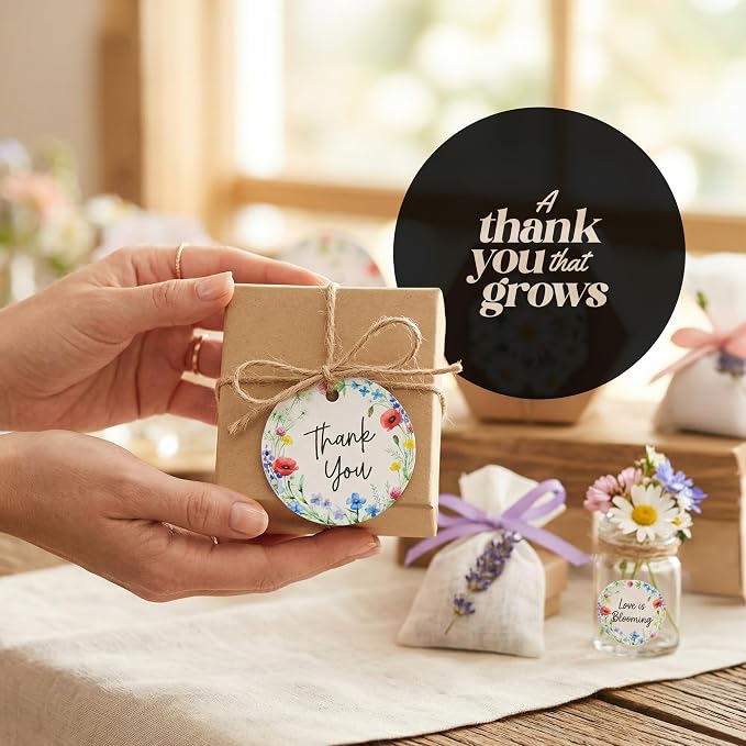 48Pcs Plantable Round Thank You Tags with Wildflower Seeds - 4 Floral Designs (12 Each) Writable Favor Tags for Birthdays, Weddings, Bridal Shower, Mom Gifts, Party Favors & Gift Wrapping