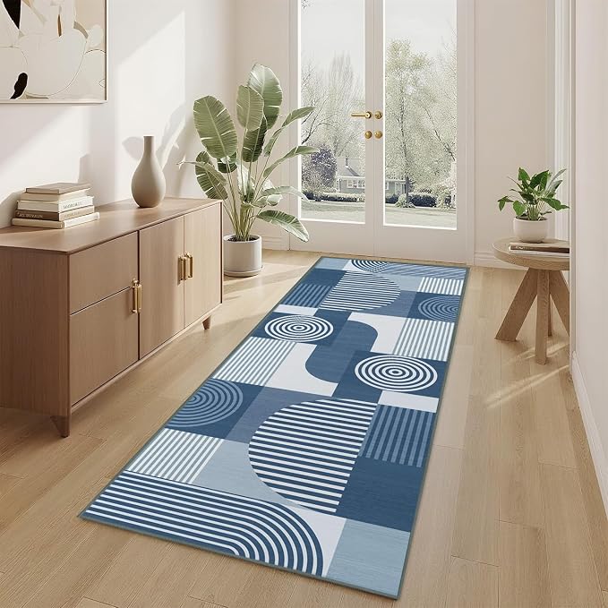 Blue Geometric 2x6 Runner Rug for Hallway Kitchen Bedroom Machine Washable Mid Century Modern Rug Non Slip Low Pile Minimalist Line Runner Rugs Long Floor Mat Carpet for Bathroom Laundry,Blue