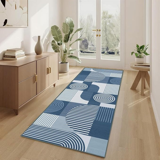 Blue Geometric 2x6 Runner Rug for Hallway Kitchen Bedroom Machine Washable Mid Century Modern Rug Non Slip Low Pile Minimalist Line Runner Rugs Long Floor Mat Carpet for Bathroom Laundry,Blue
