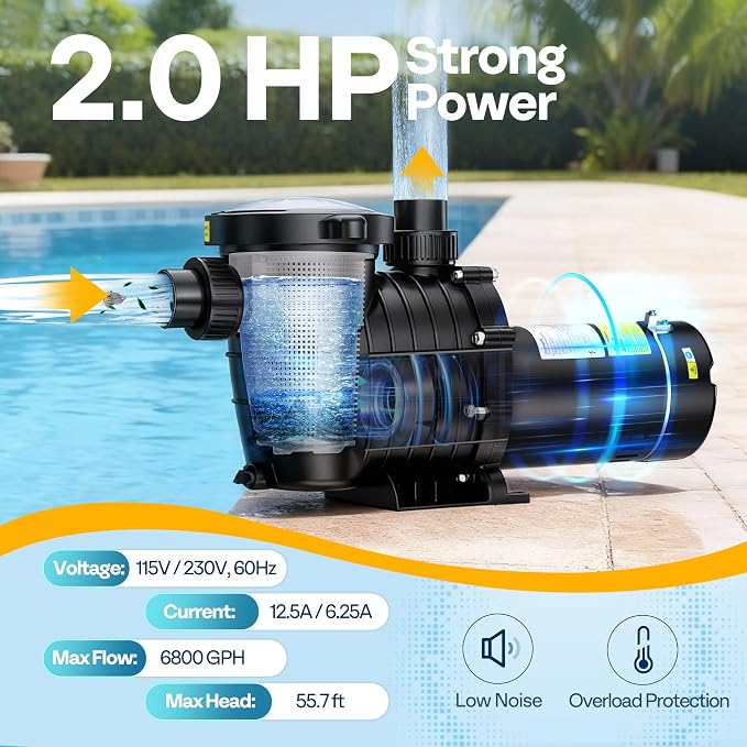 VIVOHOME 2.0HP In/Above Ground Pool Pump, 115V/230V 6800GPH Self-Priming | High Flow Energy Efficient Motor - 1.5", 2", and 1.25"-1.5" Connectors w/Strainer Basket