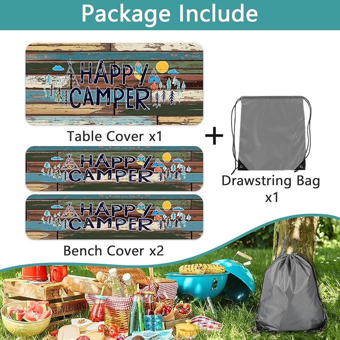 Picnic Table Cover with Bench Covers and Bag, Outdoor Wooden Camping Camper RV Wood Waterproof Windproof Tablecloth with Elastic Edges, Camping Accessories RV Gear Campers 72x30 Inches 3 Pcs Set