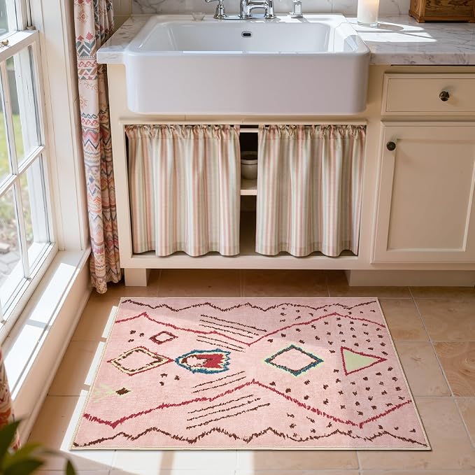 jinchan 2x3 Hot Nerd Rug Modern Boho Geometric Washable Entryway Rug, Pink | Abstract Pattern, Moroccan Inspired, Artistic Lines, Washable, Soft Texture, Non-Slip, Low Pile, Bedroom, Study Room