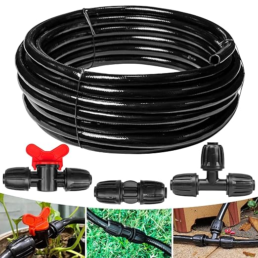 Maotong 40 FT 1/2 inch Drip Irrigation Irrigation kit Main Line Supply Hose Tube for Garden Irrigation System (Includes 1/2"" Straight Connector, 3-Way Connector, Switch Valve), Black