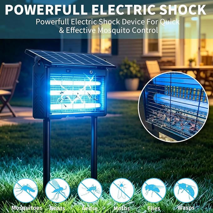 Solar Bug Zapper, 2500V Grid, 8000mAh Battery, 365-395nm UV Light, IPX5 Waterproof, Dusk-to-Dawn Sensor, 1 Acre Coverage, Black, for Outdoor Indoor Use (20inch)
