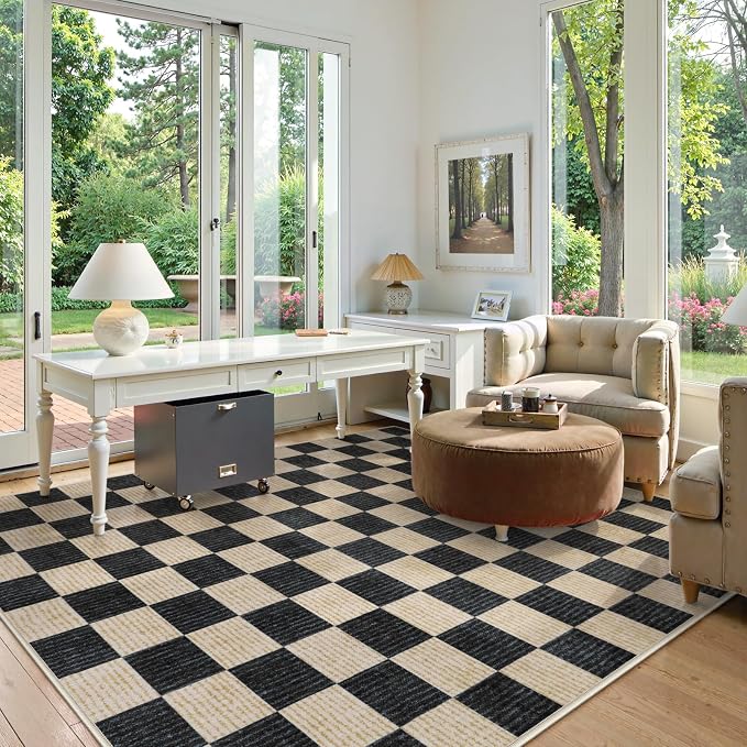 LIVEBOX 8x10 Area Rugs for Living Room, Checkered Non-Slip Washable Rugs, Farmhouse Neutral Classic Geometric Pattern Large Boys Area Rug for Bedroom, Carpet for Dining Room Office (Black,8'x10')