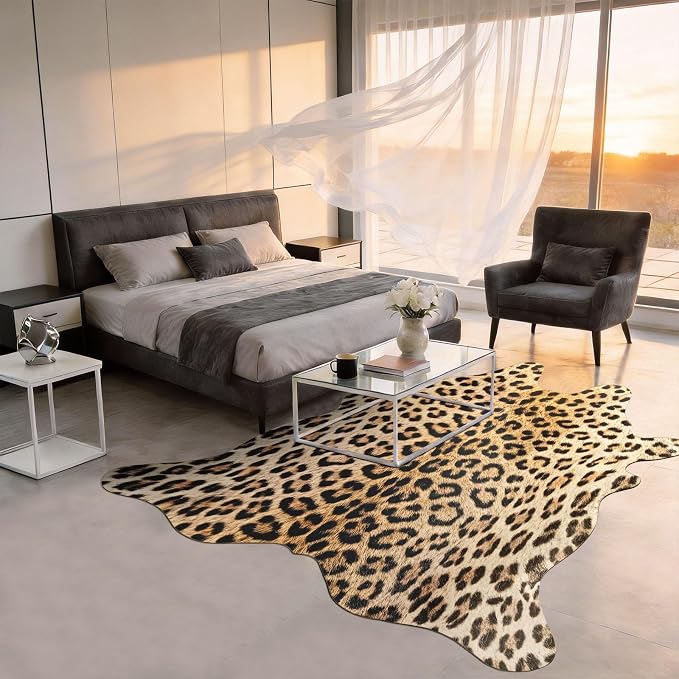 BENRON Leopard Rug, Animal Print Rug for Living Room Bedroom 4.6x5.2ft | Western Faux Cheetah Print Rug, Animal Skin Carpets, Non-Slip Throw Rug for Home Decor, Black and Brown
