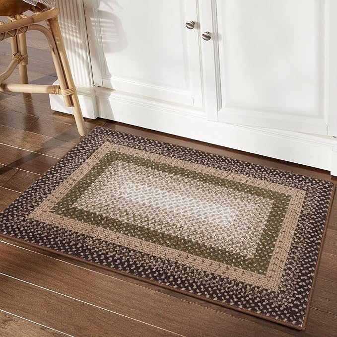 RUGSREAL Entryway Area Rug 2x3 Small Machine Washable Bedroom Rug Non Slip | Bathroom Mat Stain Resistant Kitchen Farmhouse Carpet Modern Rustic Area Rugs for Living Room Dining Room, Moss/Brown
