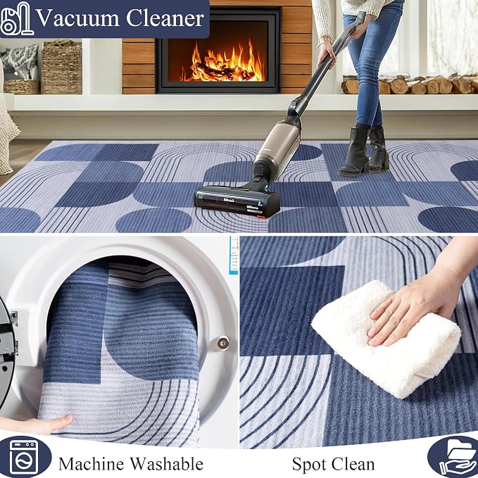 Soft Modern Geometric Abstract Large Machine Washable 8x10 Area Rug | Blue Rugs for Bedroom Living Room, Non-Shedding Faux Wool Indoor Throw Floor Carpet for Office Entryway Dining Room Decor