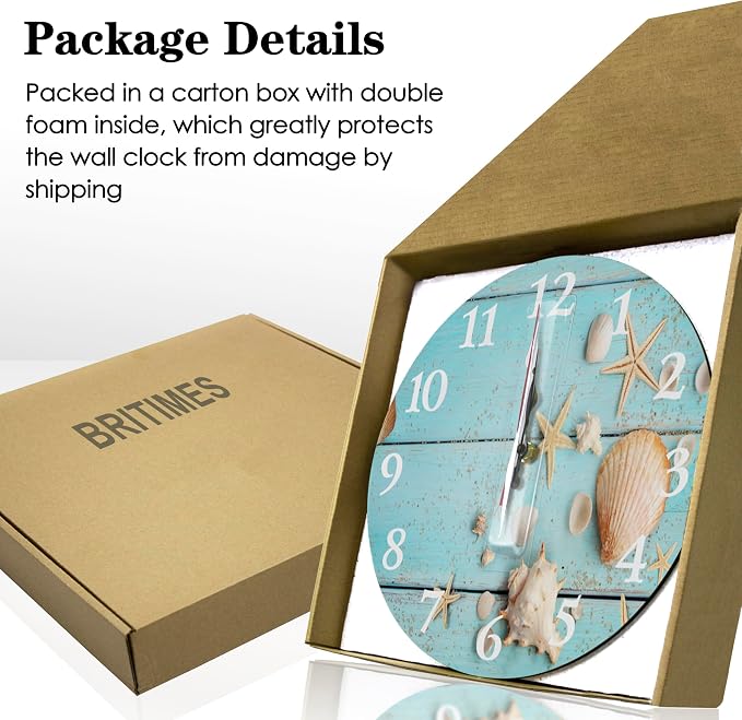 Britimes Round Wall Clock, Silent Non-Ticking Battery Operated Clock 10 Inch, Decor for Bathroom, Bedroom, Kitchen, Office or School Summer Beach Seashell
