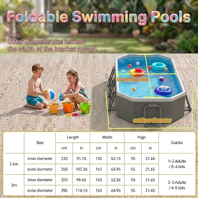 Jessie Foldable Pool for Kids and Adults Non InflatableFrame Outdoor Swimming Pool Blue Kiddie Pools Thickened Support Dog Above Ground Garden Backyard (102.36 in)