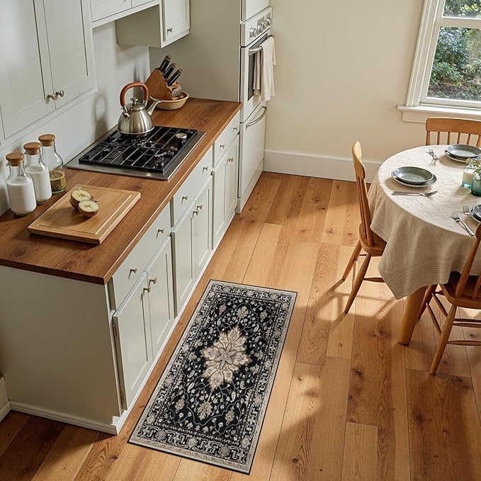 RELEANY Washable Area Rug, Runner 2'x5', Black/Neutral | Non-Slip, Water Repellent, Pet Friendly, Easy to Clean, Vintage Floral Boho Decor for Kitchen Entry Bedroom Bedside Laundry