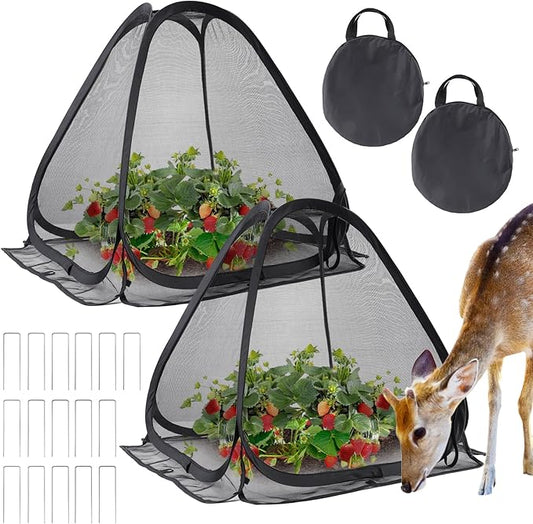 2-Pack Durable Plant Covers - Pop-up Fine Mesh Plant Tents with 8 Stakes, 22''x22''x23''Plant Protectors, Garden Crop Guard Cages for Vegetables Fruits Away from Animals Birds Deer Squirrels