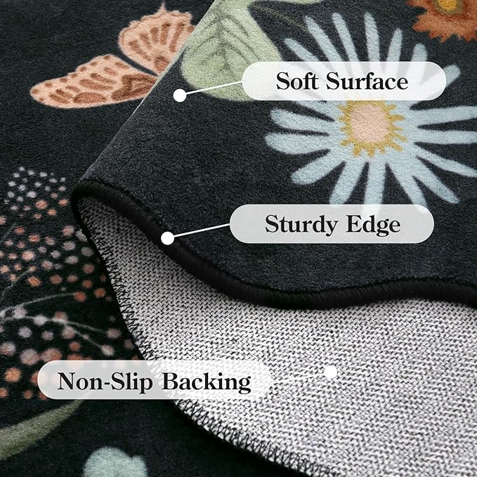 Lahome Floral Entryway Rug, 2X3 Washable Kitchen Rug Ultra-Thin, Non-Slip Soft Door Mat Indoor Entrance Boho Small Low-Pile Flore Carpet for Bathroom Bedroom (2x3ft,Black/Grey)