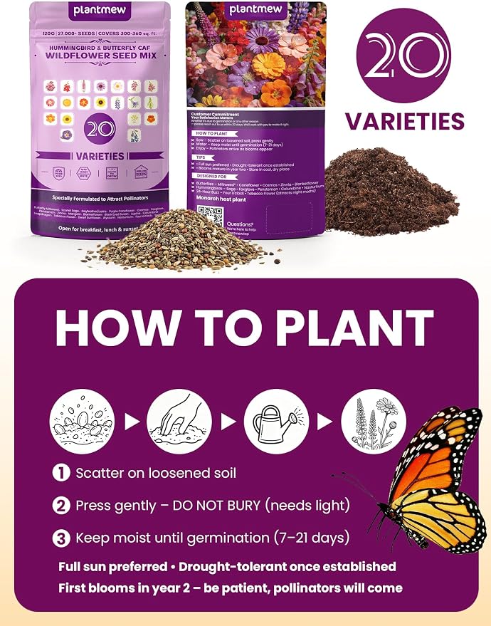 Wildflower Seeds Mix Hummingbird & Butterfly Cafe, 20 Heirloom Varieties, Specially Formulated to Attract Pollinators – High Germination for Outdoor Garden (4oz)