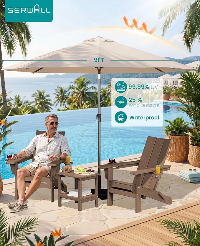 SERWALL Modern Folding Adirondack Chair Set with 9 Ft Umbrella, Folable Adirondack Chairs Set of 2 with Cup Holders, HDPE Fire Pit Chairs for Patio Lawn Garden, Brown (Umbrella Base is not Included)