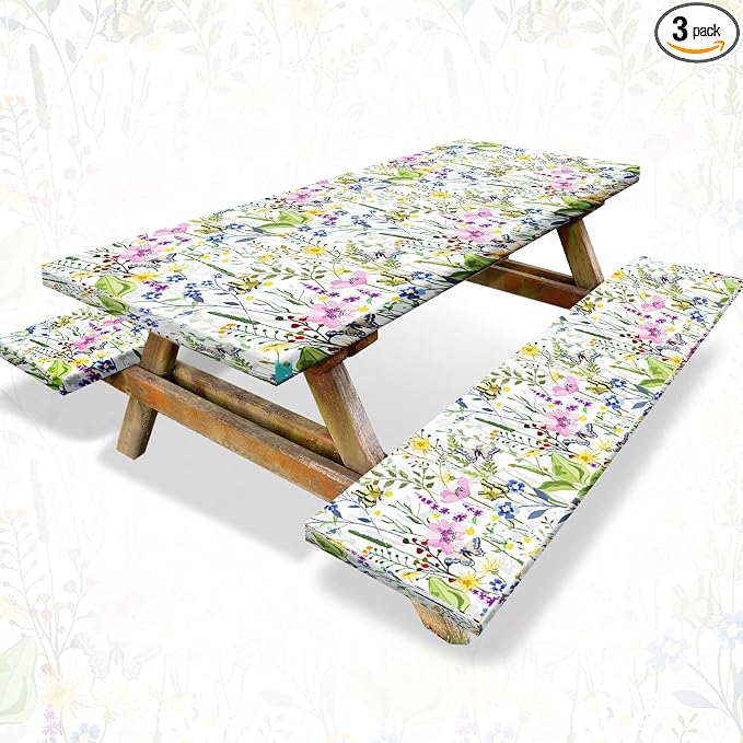 Boao 3 Pcs Vinyl Picnic Table Cover with Bench Cover 6 ft 30 x 72 Inch Waterproof Fitted Tablecloth Flannel Backing Rectangular Elastic Edged for Camping Outdoor Patio Travel(Wildflower)