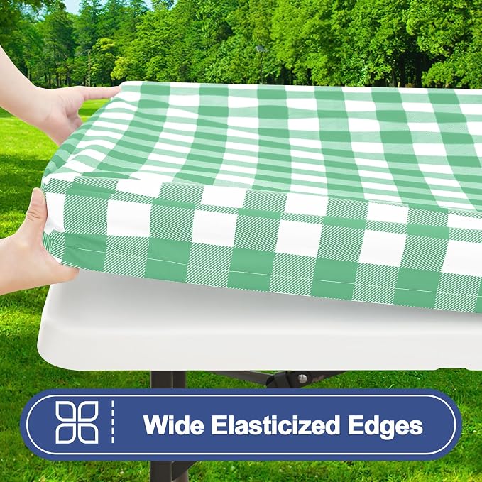 Smiry Picnic Table Cover with Bench Covers, Waterproof Elastic Fitted Tablecloths for 6 Foot Rectangle Tables, Washable Buffalo Plaid Tablecloth for Camping, Outdoor (Sage Green & White, 30"x72")