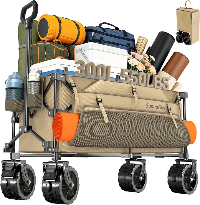 SUNNYFEEL 300L Wagon Cart Foldable - 550LBS Heavy Duty Collapsible Wagon with Big All-Terrain Wheels & Brakes, Extra Large Folding Utility Wagon for Camping, Grocery, Shopping, Sports, Beach, Khaki