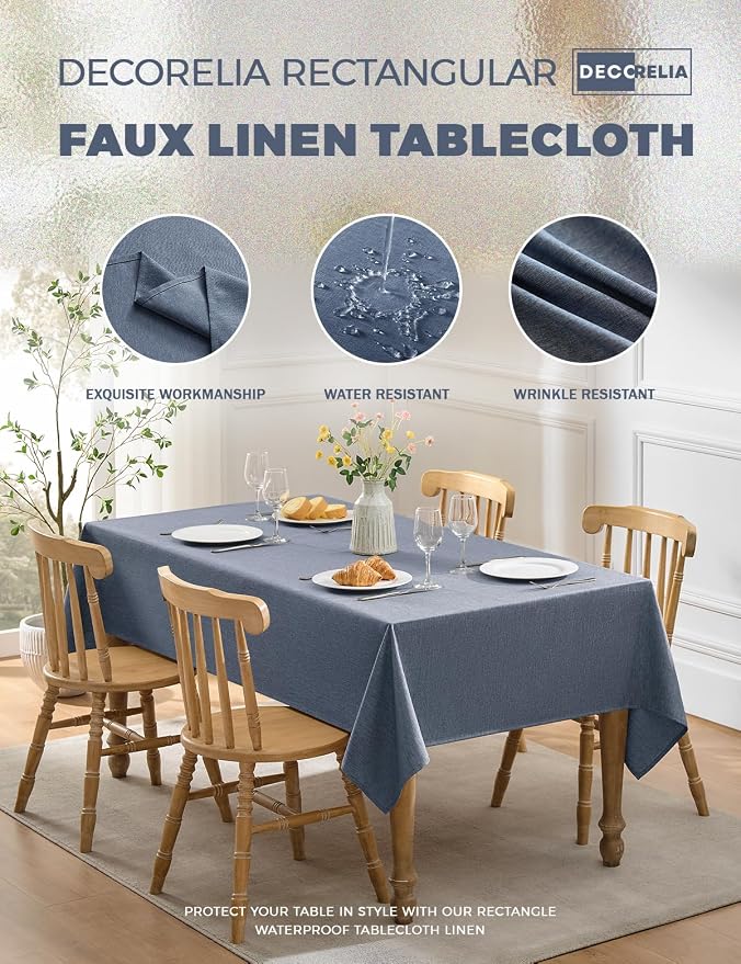 Decorelia Faux Linen Farmhouse Table Cloth 60"x144" for 10 ft Rectangle Table, Denim Blue Waterproof Outdoor Washable Tablecloth for Rectangular Dining Room Kitchen Outdoor Party Restaurant Table