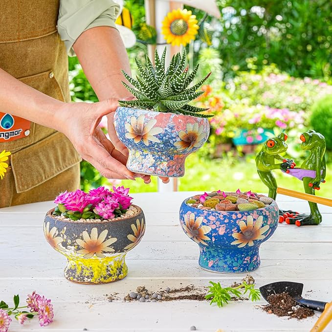 Sungmor Small Succulent Planters Set of 3, Beautiful Hand Crafted Ceramic Plant Pots Cute Cactus Pot, 4.9 Inch Flower Pots for Indoor Plants with Drainage, Desktop Windowsill Home Office Decor Pots