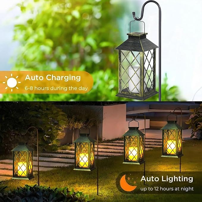 Yowin Solar Lanterns Outdoor Waterproof 14" Large Tempered Glass Solar Hanging Lantern for Outside with Flickering Candle, Mother's Gift Ideas, Wall Lamp for Garden Patio Vintage Decorations - Bronze