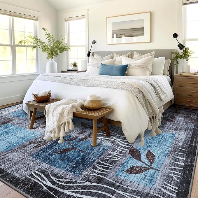GarveeHome Living Room Rug 5x7 Washable Rug, Floral Checkered Geometric Throw Rugs for Dinning Room Bedroom Modern Floral Carpet Low-Pile Contemporary Accent Carpet for Farmhouse Apartment 5x7