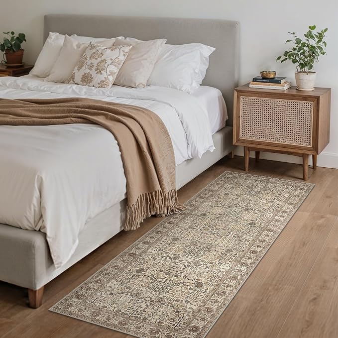 2x6 Kitchen Runner Rug, Washable Non Slip, Dark Espresso | Vintage Floral Design, Spill Resistant Lightweight Low Pile Carpet for Hallway, Bedroom, Laundry Room, Bathroom