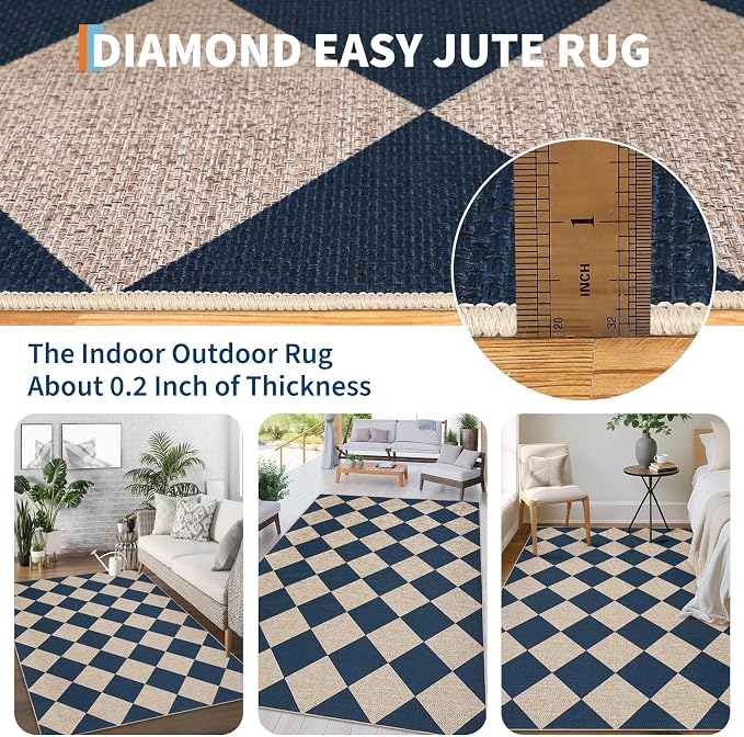 GarveeHome Easy Jute Rugs 2x8 Checkered Kitchen Runner Rugs Non Skid Washable Stain Resistant Indoor Outdoor Rugs for Living Room, Bedroom, Dining, Patio - Farmhouse Style Navy Blue