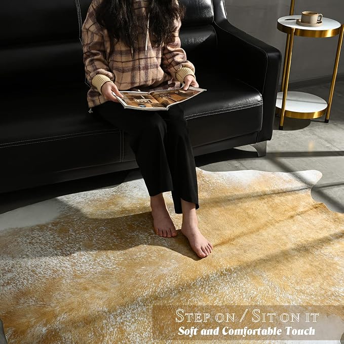 Cow Hide Rug for Living Room,5x6 Washable Khaki Cow Print Area Rugs, Non Slip Faux Animal Skin Hide Carpet for Living Room Bedroom Office, Western Rustic Farmhouse Home Decor