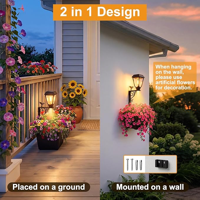 btfarm 2 Pack 18.5" H Small Solar Lamp Post with Planter Dual-Sided Lighting, 2 in 1 Flower Pots Wall Mount/Freestanding, Waterproof Decorative Planter Lamp for Porch Garden Front Door, Warm White