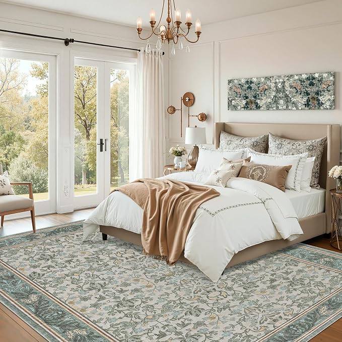 GarveeHome 8x10 Area Rugs for Living Room: Washable Bedroom Rug Sage Green | Boho Vintage Non Slip Soft Low Pile Stain Resistant Indoor Carpet for Farmhouse Dining Room Nursery Home Office