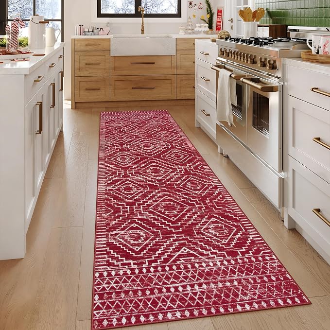 Wonnitar Moroccan Washable 2.5x8 Christmas Runner Rug for Hallway, Non-Slip Stain Resistant Kitchen Runners, Farmhouse Floor Carpet Soft Runner for Bathroom Hall Entyway (Red,2'6"x8')