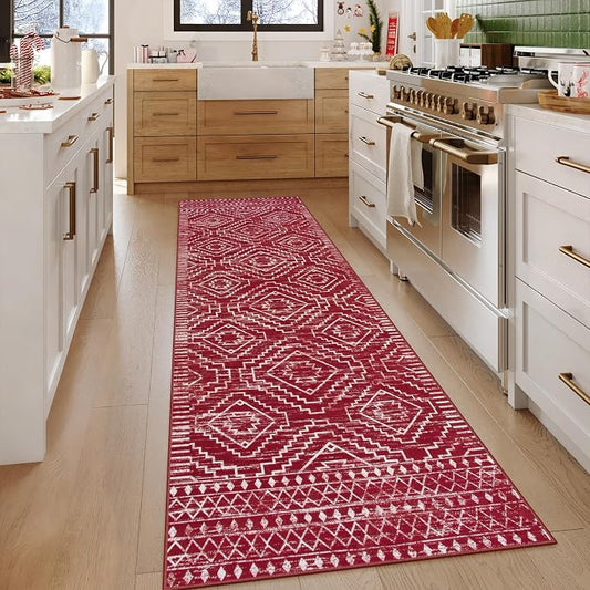 Wonnitar Moroccan Washable 2.5x8 Christmas Runner Rug for Hallway, Non-Slip Stain Resistant Kitchen Runners, Farmhouse Floor Carpet Soft Runner for Bathroom Hall Entyway (Red,2'6"x8')