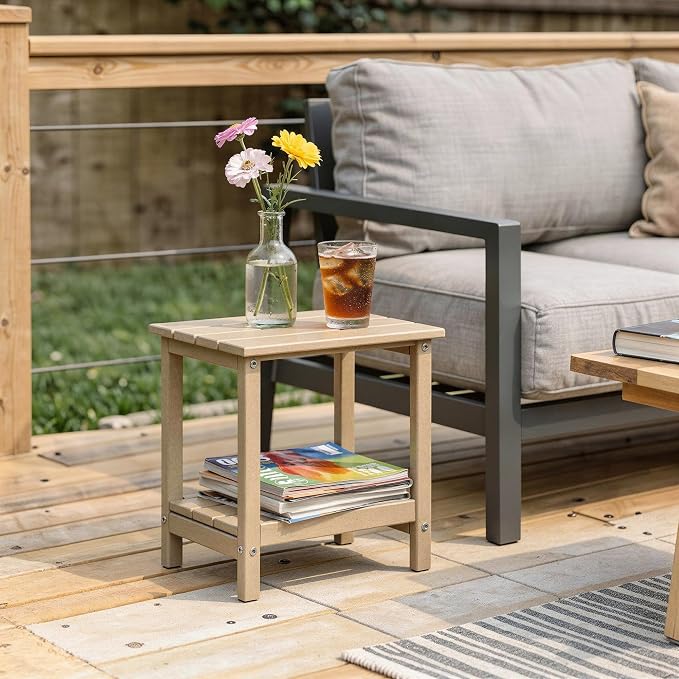 Amazon Basics Outdoor Patio Side Table with Lower Shelf, Weather-Resistant Stainless Steel Hardware, 16.5 x 12.6 x 16.5 Inches, Brown, 1-Pack