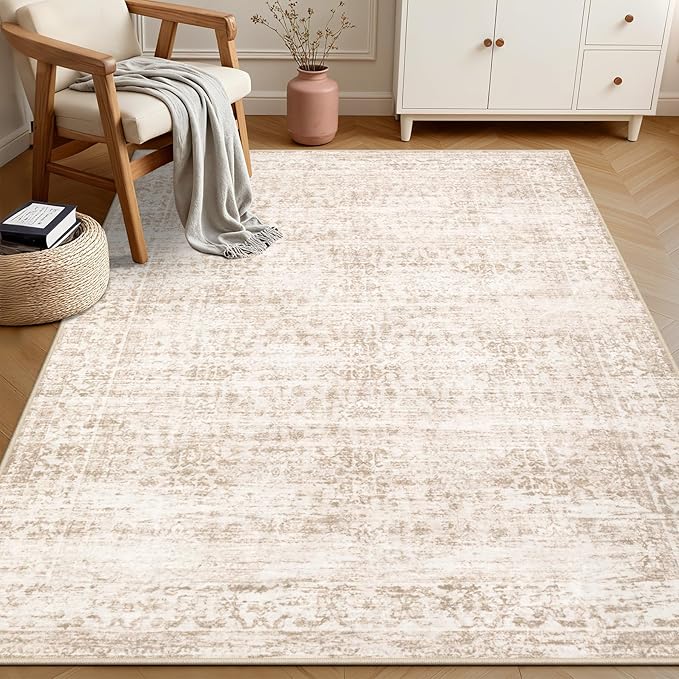 3x5 Area Rugs Living Room: Washable Rug for Bedroom Beige Brown | Boho No Slip Stain Resistant Rug Soft Indoor Decor Floor Floral 3x5 Area Rugs for Dining Room, Nursery, Hallway, Home Office
