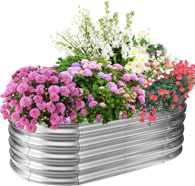 TBMLC 17" Tall Elevated Oval Metal Raised Garden Bed - 4ft x 2ft in Size and 0.8MM Thick Durable Planter Bed/Box for Vegetables Flowers Succulent at Patio/Garden Outdoor (Silver, 4X2X1.4 FT)