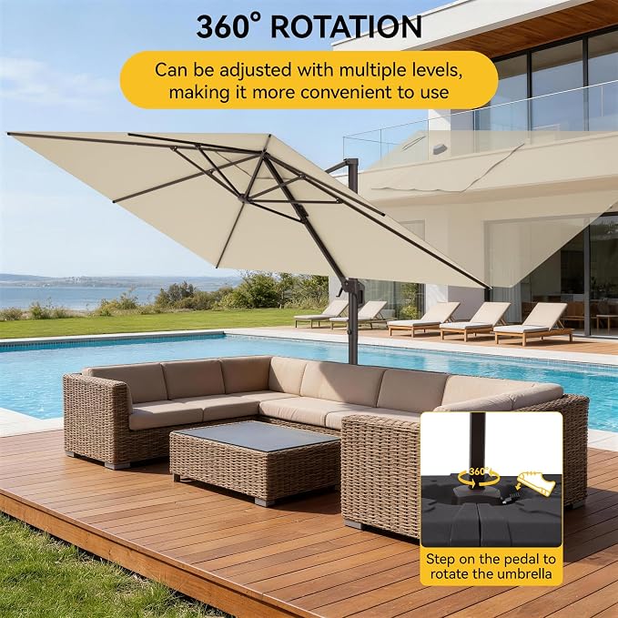9x12 FT Cantilever Patio Umbrella, Beige Large Rectangular Umbrella | Offset Outdoor Umbrella with 360° Rotation, Heavy Duty Shade Umbrella for Garden Backyard Deck Poolside Courtyard
