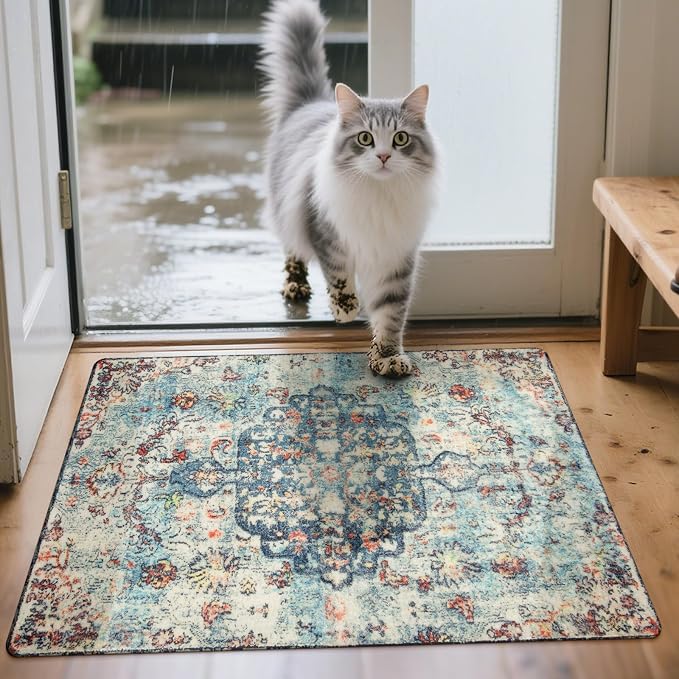 Lahome Reine Bohemian Floral Medallion Area Rug - 2x3 Vintage Teal Distressed Small Entryway Rug Turkish Doormat Faux Wool Non-Slip Washable Low-Pile Carpet for Bathroom Kitchen Laundry Room Decor