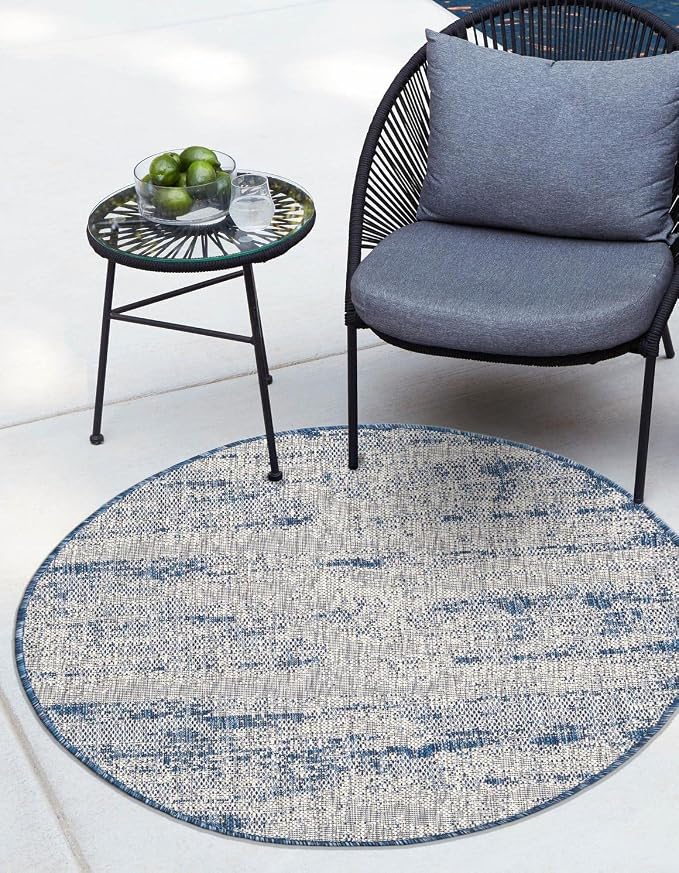 Unique Loom Outdoor Modern Collection Area Rug - Cartago (10' Round, Blue/ Ivory)
